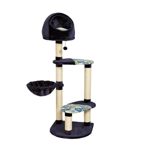 Cat Tree | "Resort" Cat Tree / Cat Furniture, 4-Tier Cat Tree w/ Sisal Wrapped Cat Scratching Support Posts, Hanging Cat Bunker Bed & High Canopy Cat Perch, Blue / White Pattern, Large Cat Tree - Image 4
