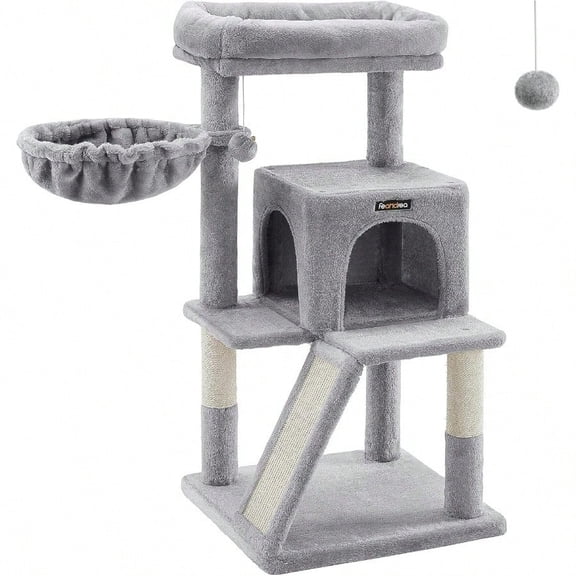 Cat Tree Small Cat Tower With Widened Perch For Large Cats Indoor Kittens 37.8Inch MultiLevel Cat Condo Scratching Posts And Ramp 2Door Cat Cave Cat Basket Light Gray UPCT51W