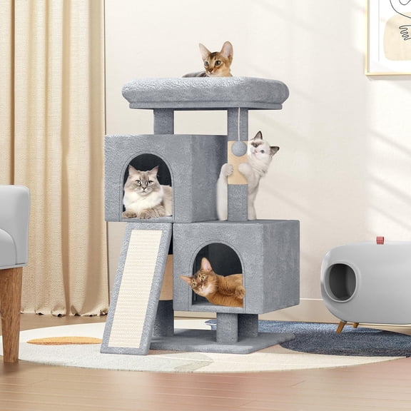Cat Tree Tower with 2 Cat Condo, Cat Tower with Scratching Post & Sisal-Covered Scratching Board Ladder, Cat Climbing Tower for Indoor Cats, 34 Inch, Light Gray