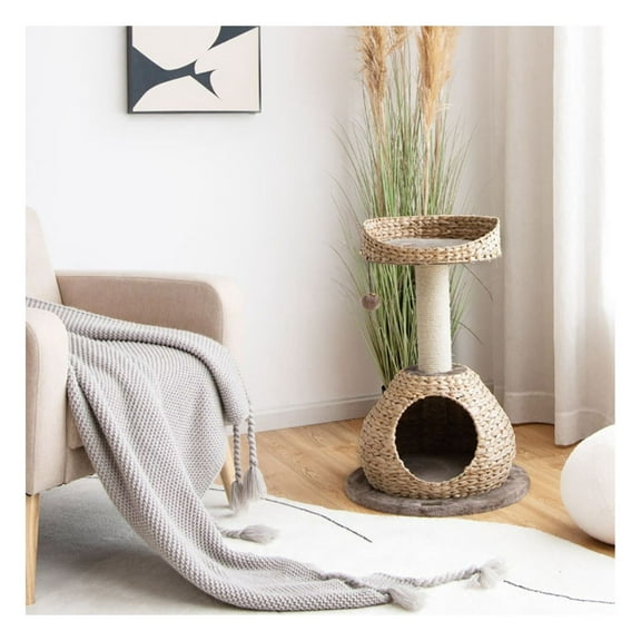 Cat Tree Tower 28 Inches, Handmade Cat House with Scratching Posts & Jump Platform, Multi-Level Activity Center for Kittens, Durable Water Hyacinth & Sisal, Dark Coffee