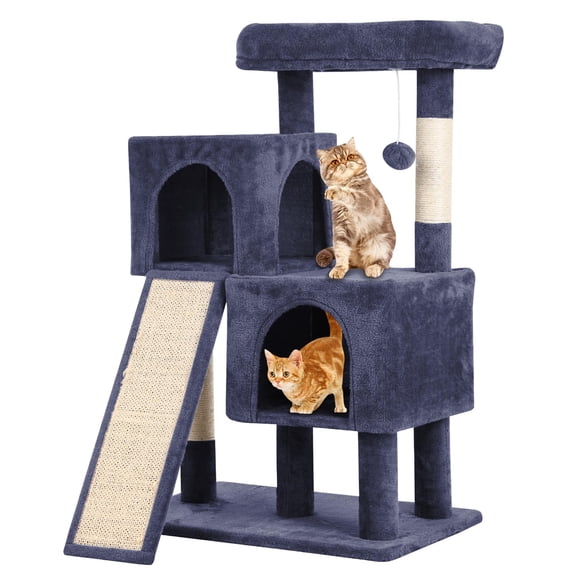 Cat Tree Tower, 36 Inch Cat Condo With Scching Posts Ramp Plush Perch Two Spacious Houses Stable For Multiple Cats Kittens Small Room Apartment Living Space Furniture Protection Blue