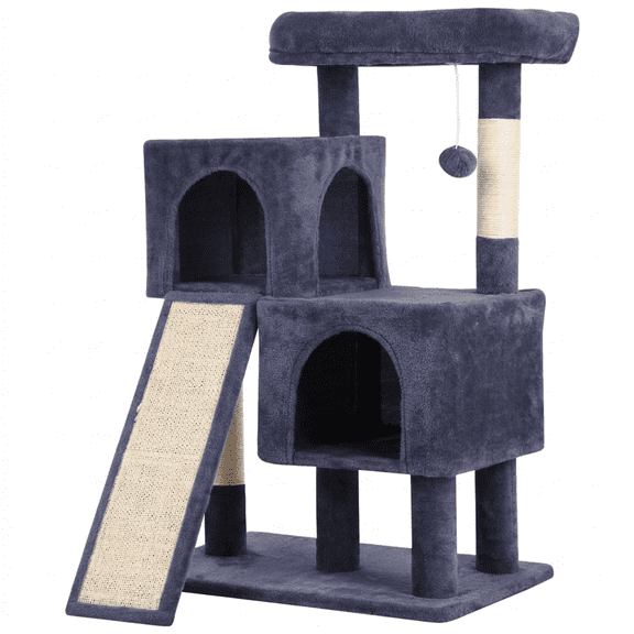 Cat Tree Tower, 36 Inch Cat Condo With Scching Posts Ramp Plush Perch Two Spacious Houses Stable For Multiple Cats Kittens Small Room Apartment Living Space Furniture Protection Blue