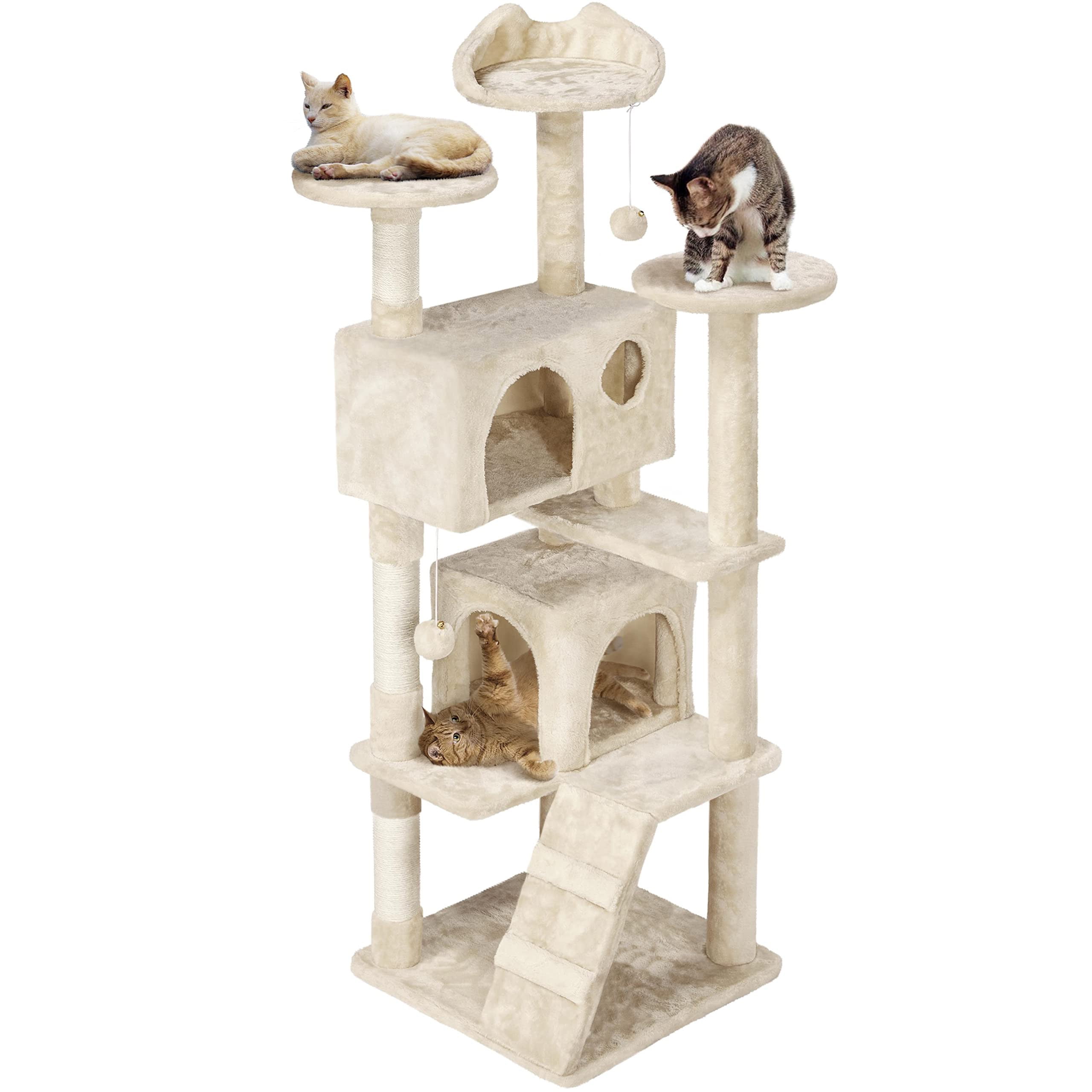 Cat Tree Tower 61in for Indoor Cats, Multi-Level Design with Scratching Posts, Perches, Platforms, Sisal Rope Scratchers, Safe Leaping Space for Kittens, Beige