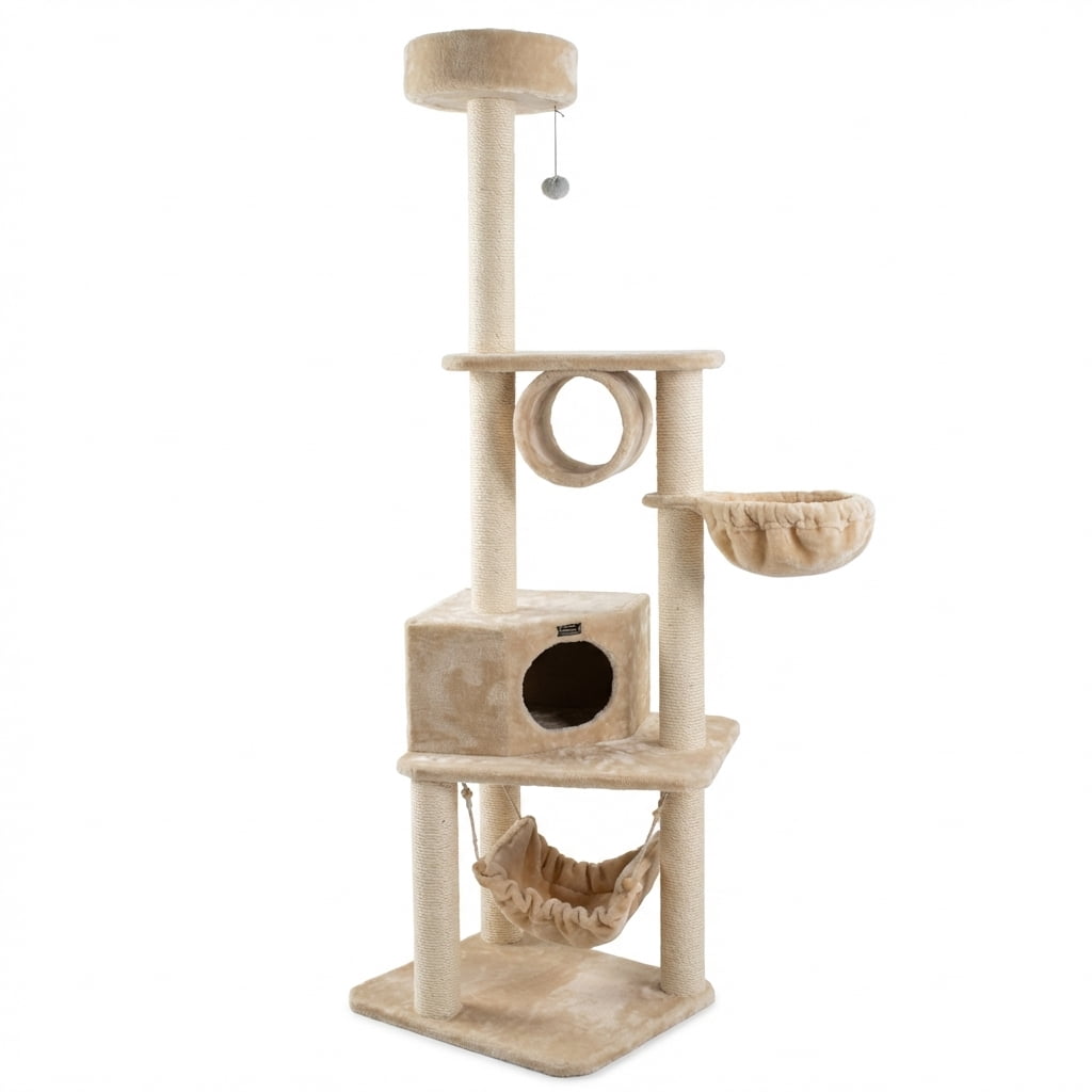 Cat Tree Tower, 72 Inch Tall Activity Center with Cozy Condo, Deep Hammock, Sisal Scratching Posts, Top Perch, Beige