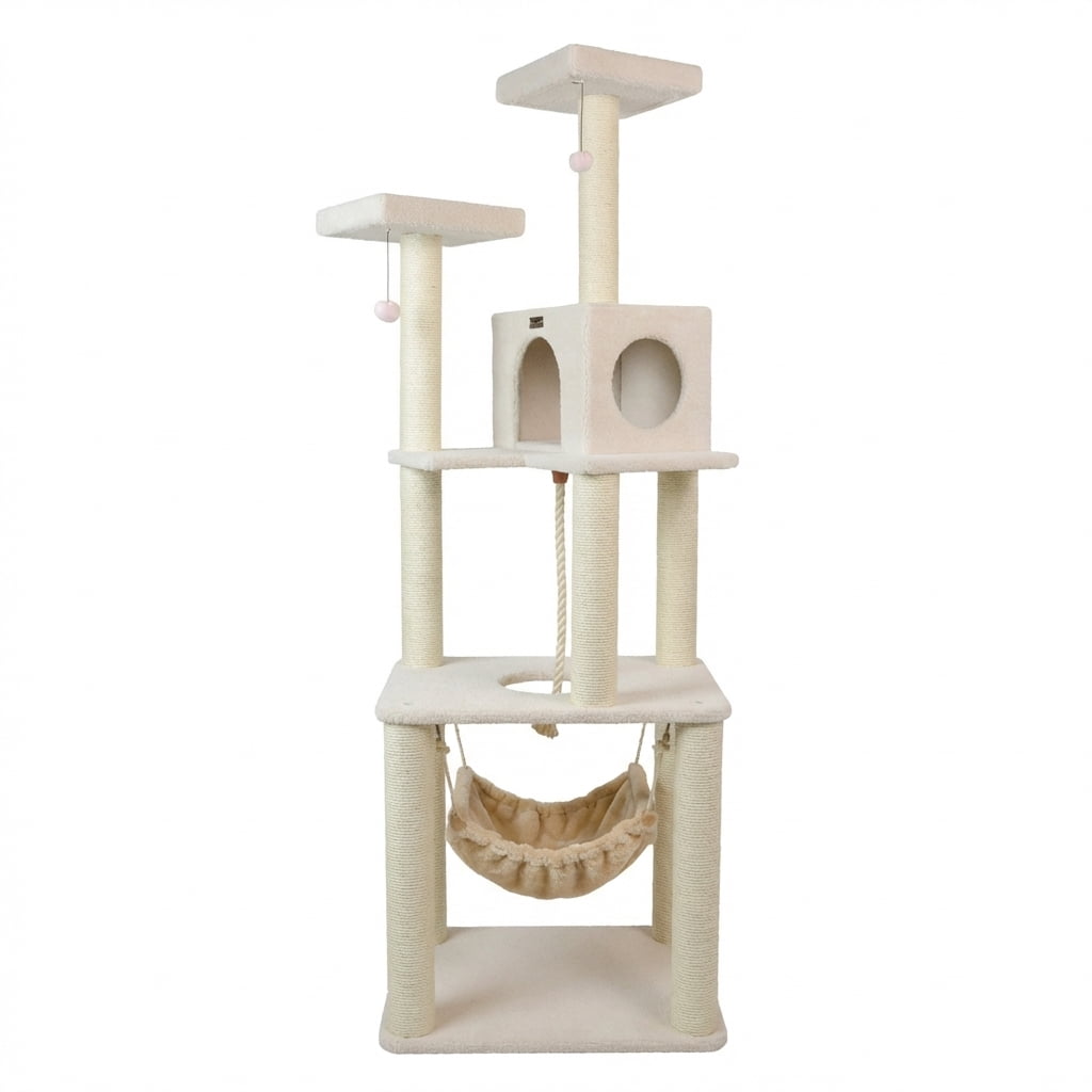 Cat Tree Tower, 73 Inch Tall Multi-Level Cat Condo with Natural Sisal Scratching Posts, Plush Perches, Cozy Hideaway, Hanging Hammock and Rope, Beige