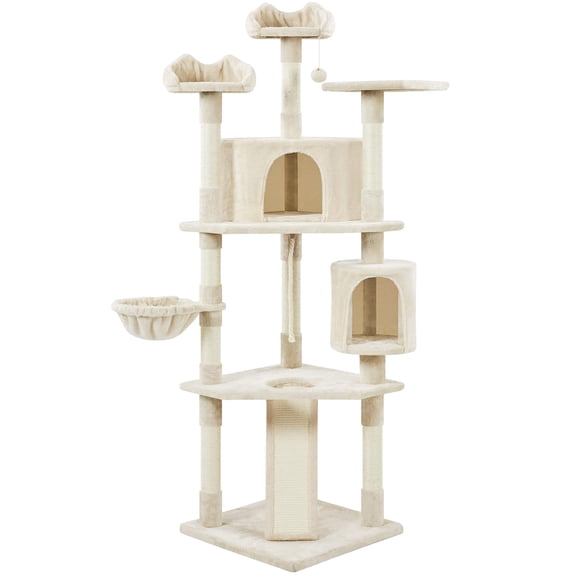 Cat Tree Tower 79 Inch for Large Cats, Multi-Level Cat Condo with Scratching Posts, Basket, Hammock, Activity Center and Play House for Indoor Pets, Beige