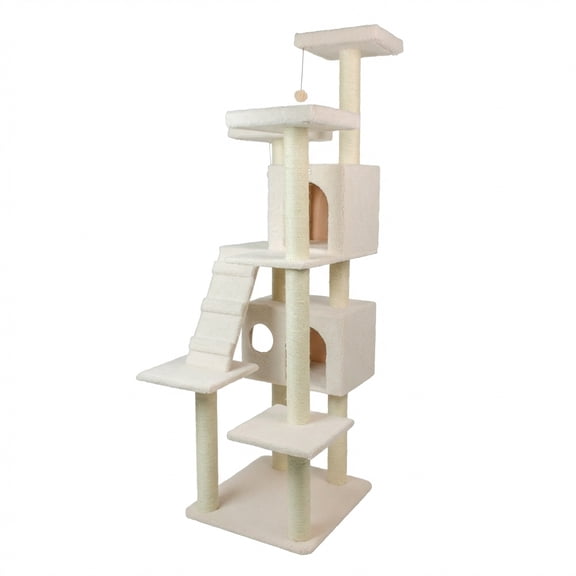 Cat Tree Tower, Beige, 77 Inch Height, Multi-Level with Dual Condos, Sisal Scratching Posts, Platforms and Ladder