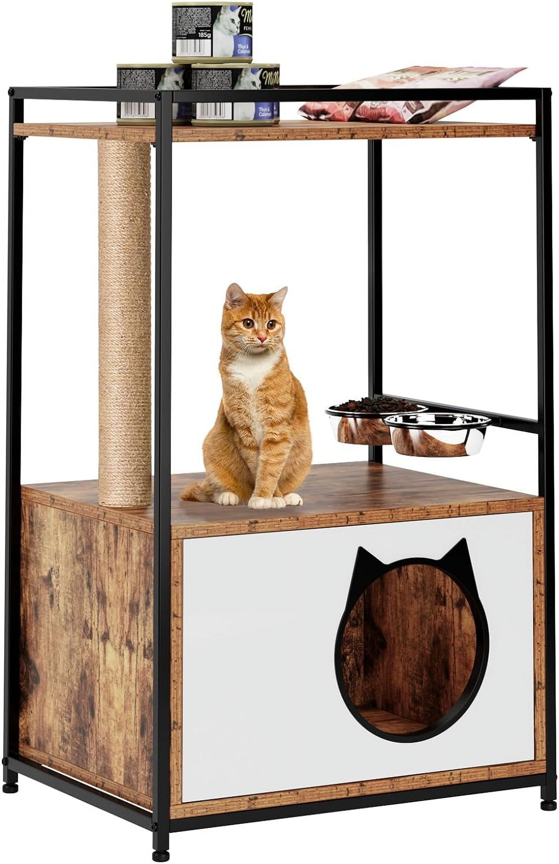 Cat Tree Tower with Cat Condo, Wooden Cat House End Table with Scratching Post and Steel Bowls