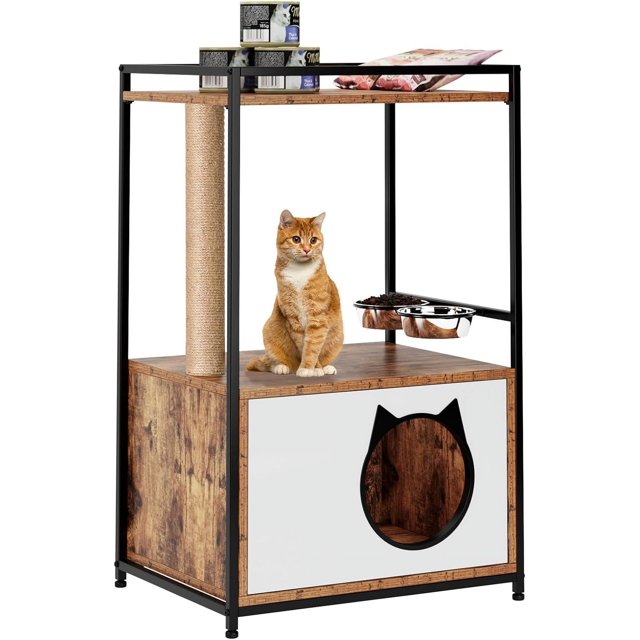 Cat Tree Tower with Cat Condo, Wooden Cat House End Table with