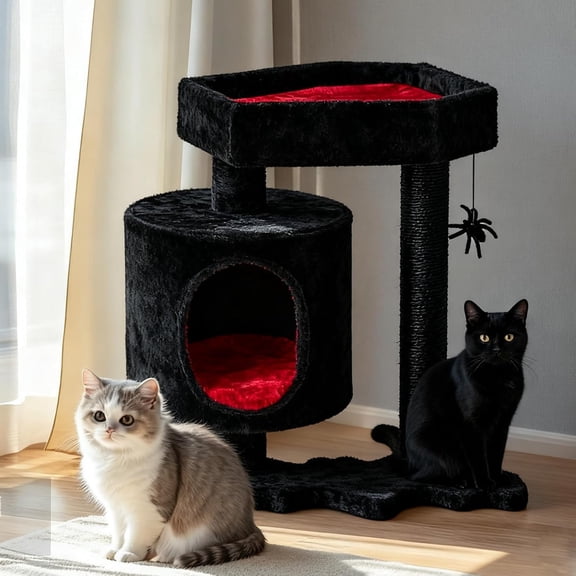 Cat Tree Tower, Gothic Cat Tree with Coffin Bed, Halloween Gothic Cat House with Scratching Posts, Spider Toy, Cat Condo for Kittens, Black and Red Small