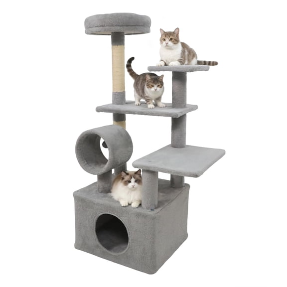 Cat Tree Tower For Indoor Cats,48 Inch Multi Level Cat Condo With Sisal Scching Posts,Padded Perch, Tunnel, Hanging Ball, 3 Jumping Platforms, Stable Furniture For Kittens And Adult Pets, Light Gray