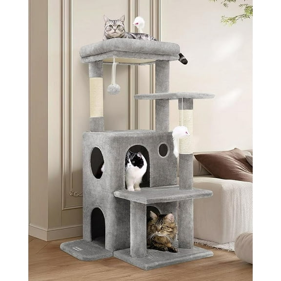 MY Cat Tree Tower for Indoor Cats, 50-inch Adult Cat Tree House for Large Adult Cats with Steps, Scratching Post, 2 Cat Caves, Dangling Toys, FC50, Light Grey