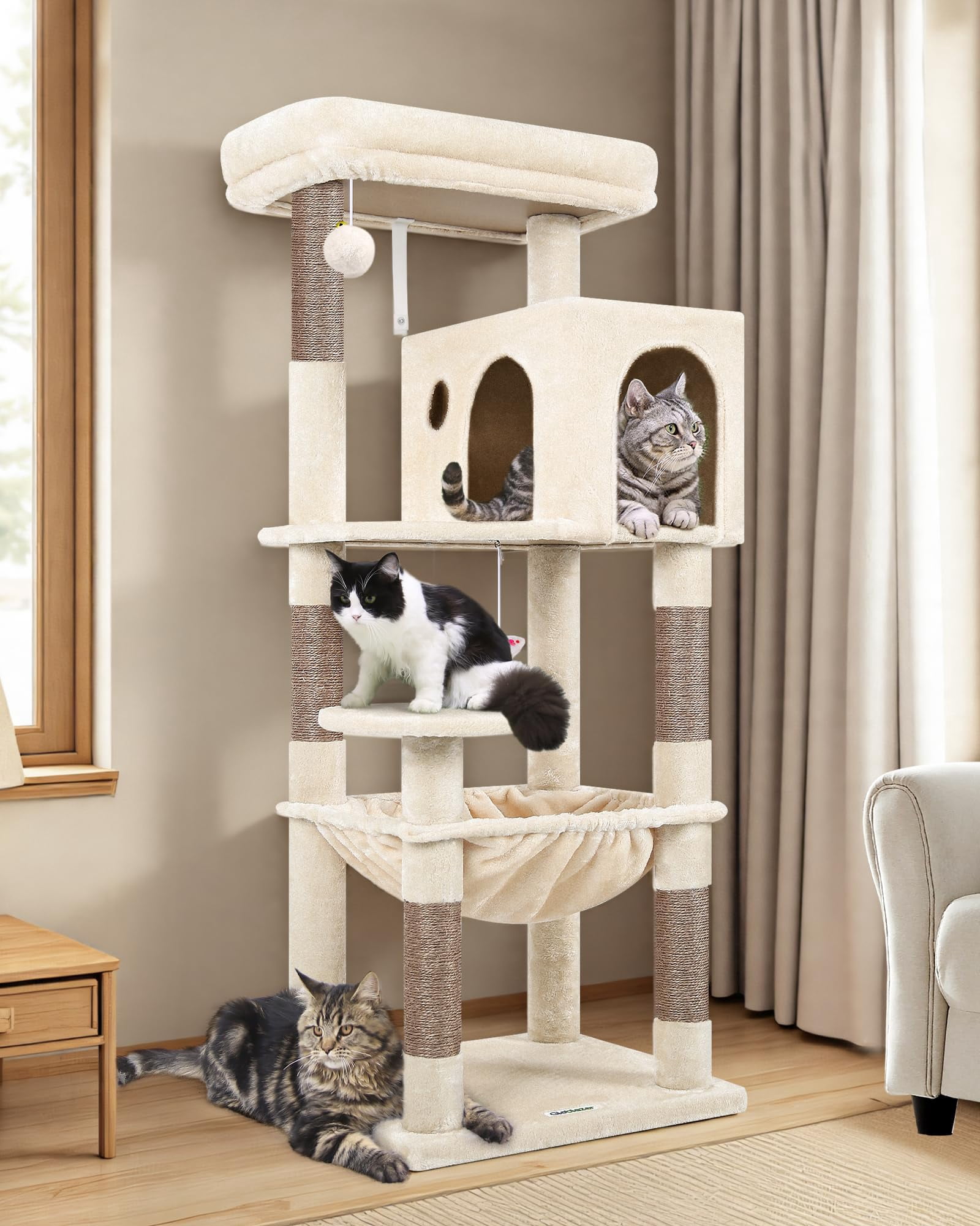 Cat Tree Tower With For Indoor Cats  53inch Tall Plush Multi-level Climbing Condo House Large Hammock Spacious Cave Big Padded Top Perch Bed F53 Beige