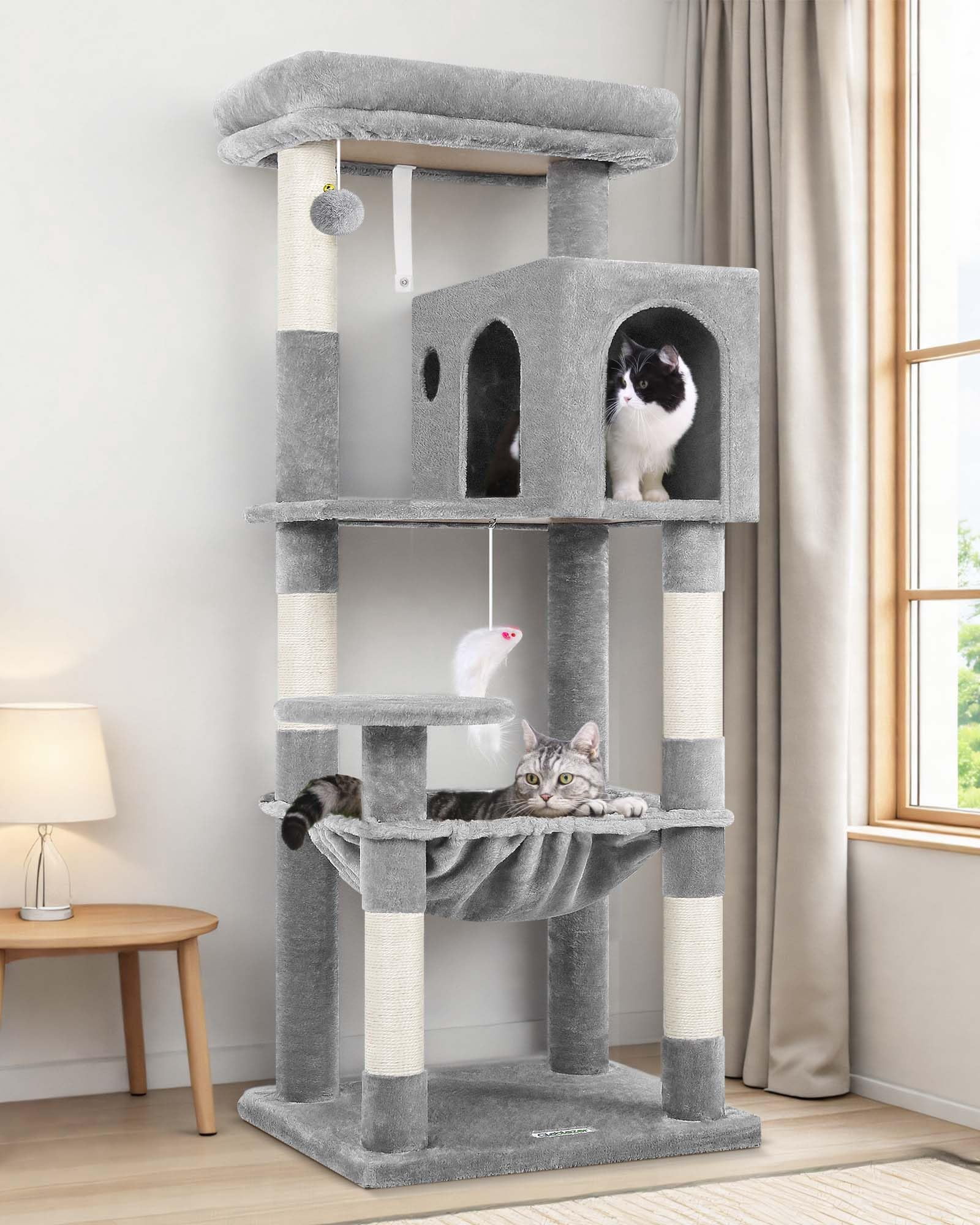 Cat Tree Tower With For Indoor Cats  53inch Tall Plush Multi-level Climbing Condo House Large Hammock Spacious Cave Padded Top Perch Bed F53 Light Gray