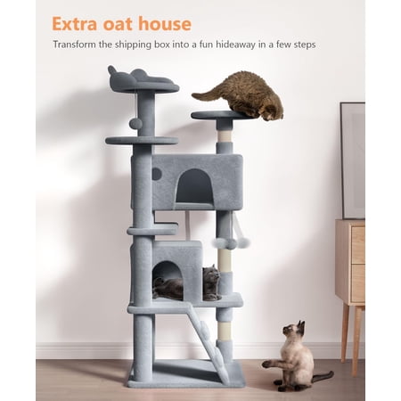 Cat Tree Tower for Indoor Cats Large Adult,Cute/Tall Modern Cat Tree for Big Cats 20 lbs,54''Plush Multi-Level Cat Condo with Scratching Posts, Dangling Ballor Fun Play (Light Gray, 54 inch)