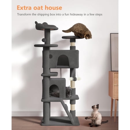Cat Tree Tower for Indoor Cats Large Adult,Cute/Tall Modern Cat Tree for Big Cats 20 lbs,Plush Multi-Level Cat Condo with Scratching Posts,Hammock, Dangling Ball (Smoky Gray, 54 inch)