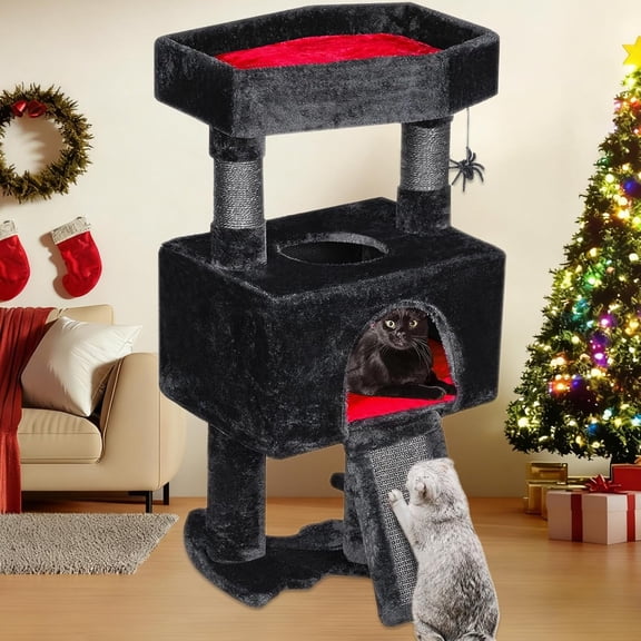 Cat Tree Tower for Indoor Gothic Cat Trees with Coffin Bed, Cat Condo Cat House with Scratching Posts, Cat Shelves with Spider Toy, Pet Play Activity Center Black with Red, MMJ95R