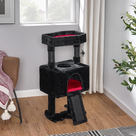 Cat Tree Tower for Indoor Gothic Cat Trees with Coffin Bed, Cat Condo Cat House with Scratching Posts, Cat Shelves with Spider Toy, Pet Play Activity Center Black with Red