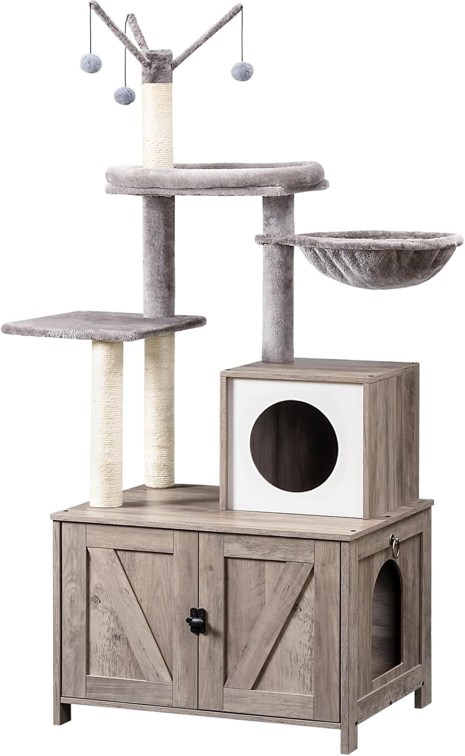 Modern Gray Sisal Cat Tree with Litter Box Enclosure