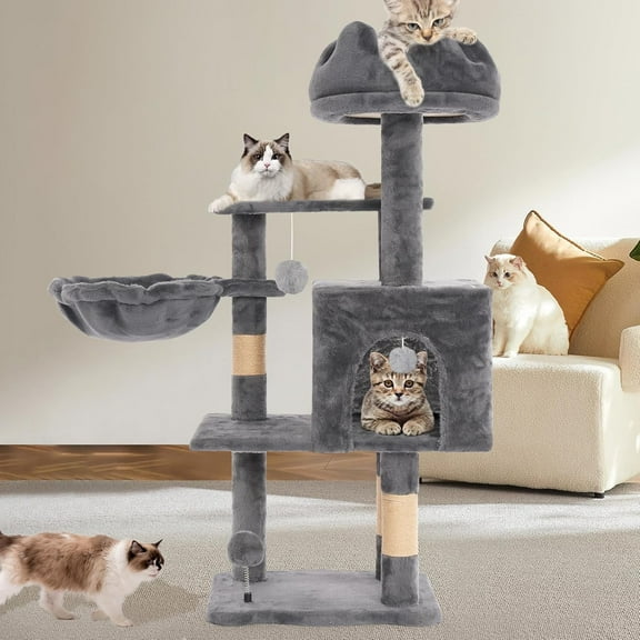 Cat Tree Tower with Metal Frame Hammock, 40'' Cat Trees for Indoor Cats Large Adult, Cat Towers with Scratching Post, Cats Condo Furniture with Cloud Top Perch, Cats Climbing Tower for Kittens(Grey)