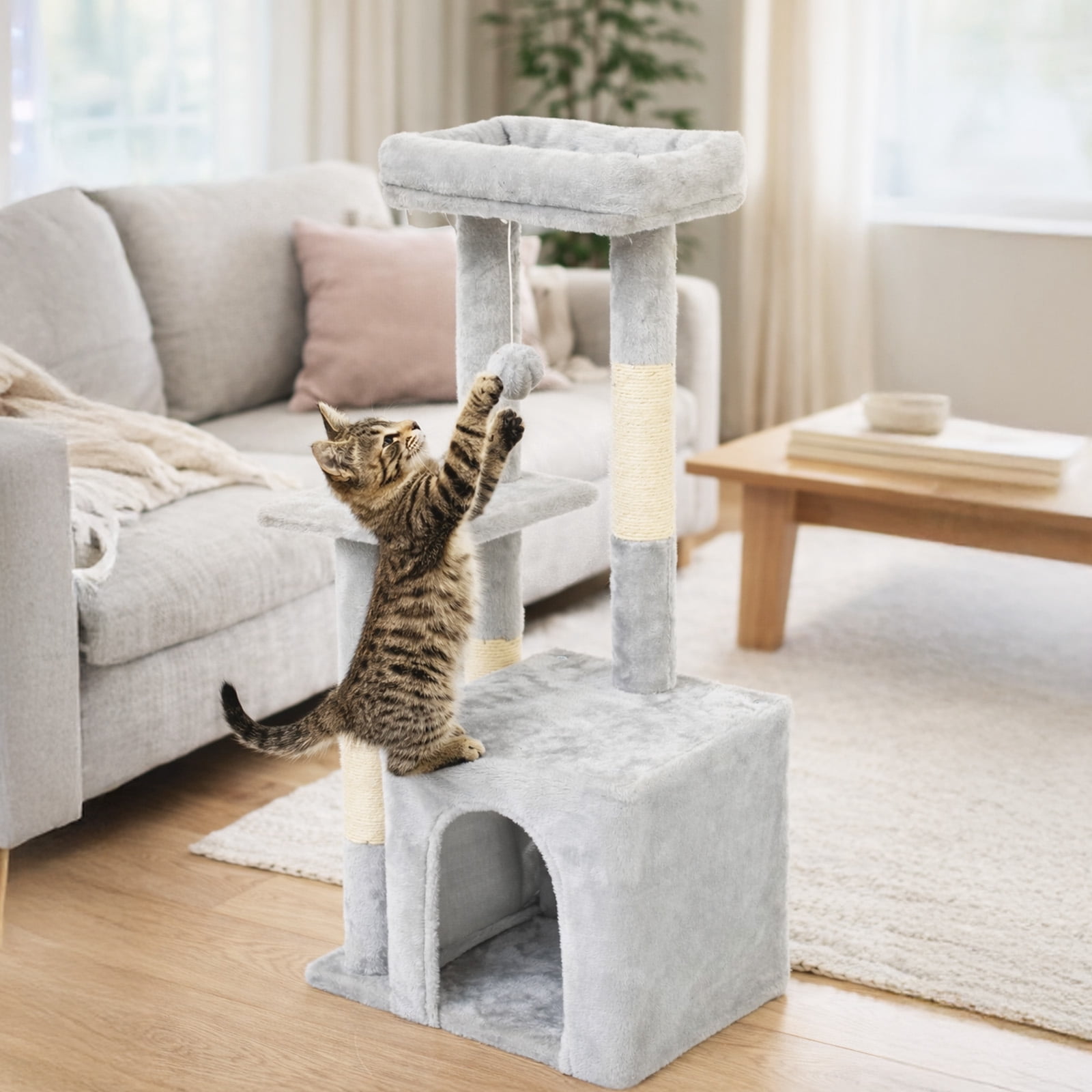 Cat Tree Tower, Multi-Level Cat Tree with Sisal Scratching Posts, Condos, Plush Perches, Hanging Cat Toys, Light Gray,31 in