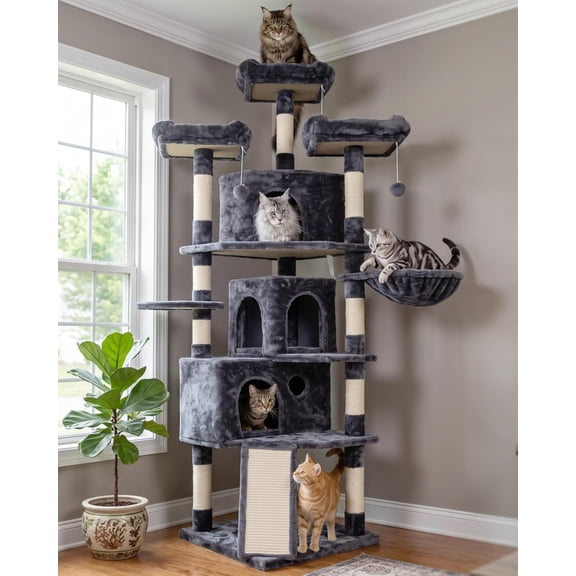 Cat Tree Tower with Multi-Level Large Condo, Platform, MPJ032G | 73.4 Inch Cat Tower with 3 Caves, 3 Cozy Perches, Scratching Posts, Board, Activity Center Stable for Indoor Cats, Smoky Gray