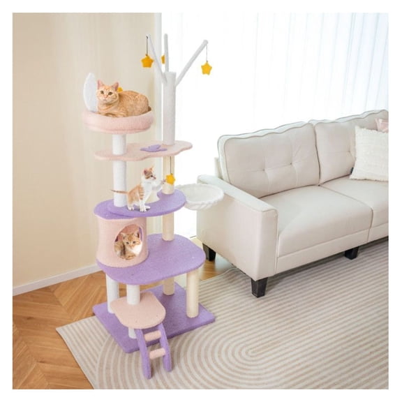Cat Tree Tower with Sisal Scratching Posts, Multi-Level Cat Condo Furniture, Purplish Pink, Teddy Fleece, Stable & Cozy for Indoor Cats, Kitten Play Center with Hammock & Toys