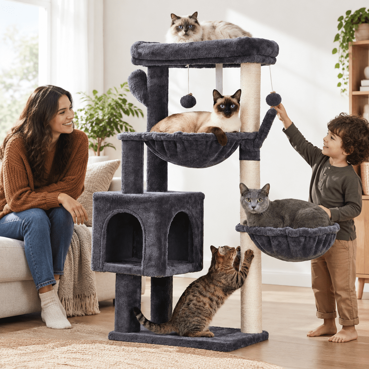 Cat Tree Tower, Smoky Gray, 39.4 Inch, Cactus Style with Sisal-Wrapped ...