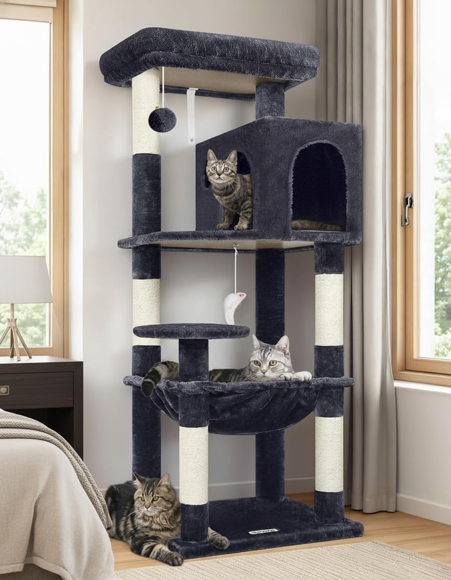 Cat Tree Tower With For Indoor Cats  53inch Tall Plush Multi-level Climbing Condo House Large Hammock Spacious Big Padded Top Perch F53 Dark Gray