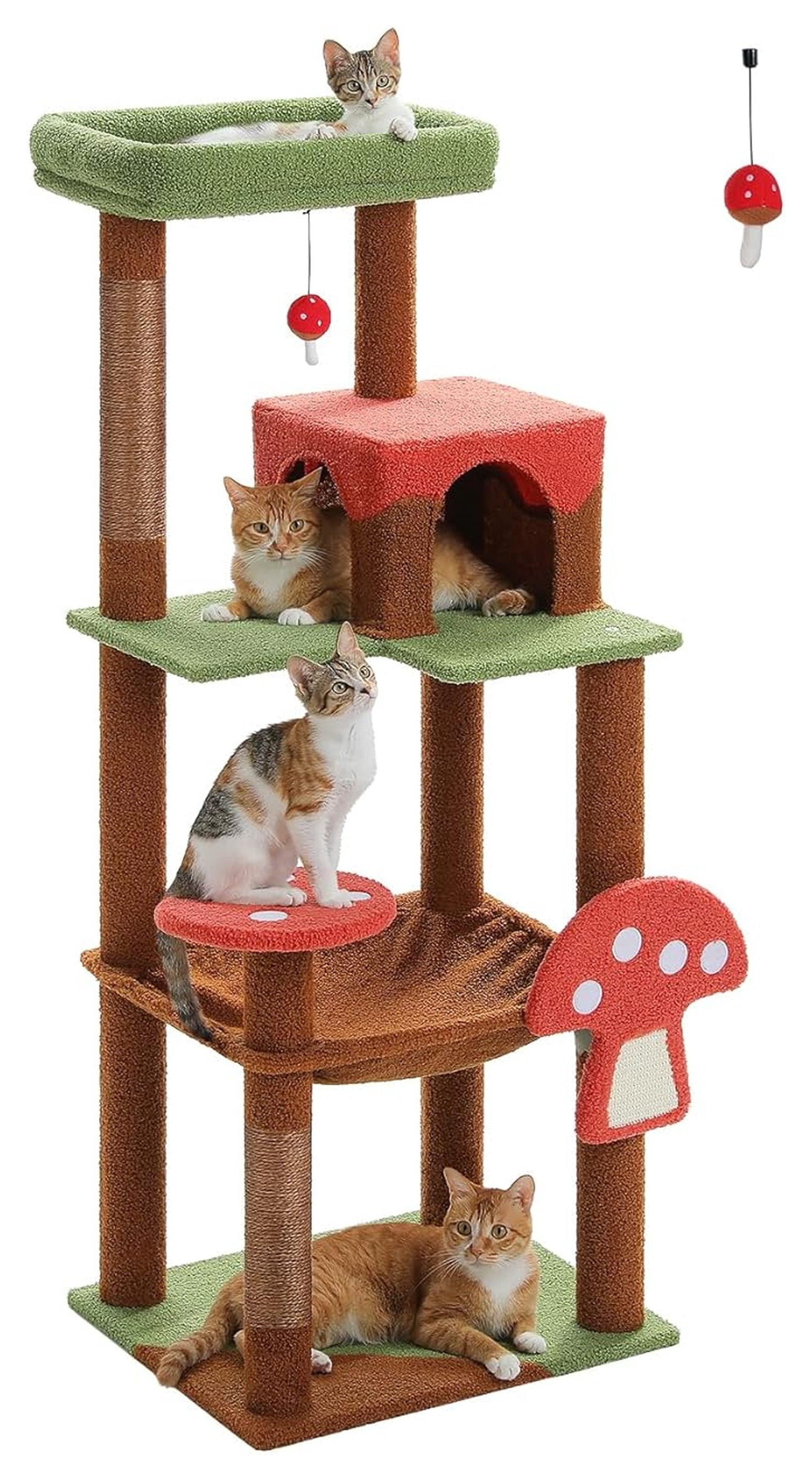Cat Tree Tower with Mushroom Scratcher, Large Hammock & Condo - Multi-Level Cat Tree for Indoor Cats, Small Space, Cute Pastel Design