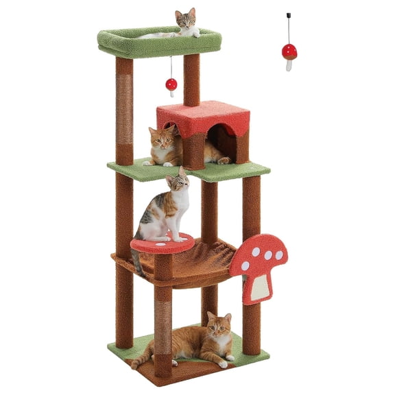 Cat Tree Tower with Mushroom Scratcher, Large Hammock & Condo - Multi-Level Cat Tree for Indoor Cats, Small Space, Cute Pastel Design