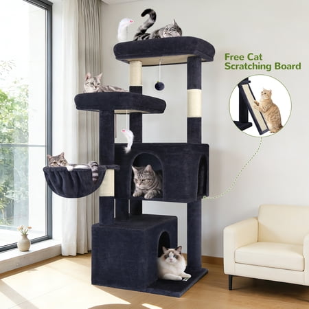 Cat Tree Tower with Scratching Post, 55" Plush Multi-Level Condo with 2 Caves & Basket, Dark Gray