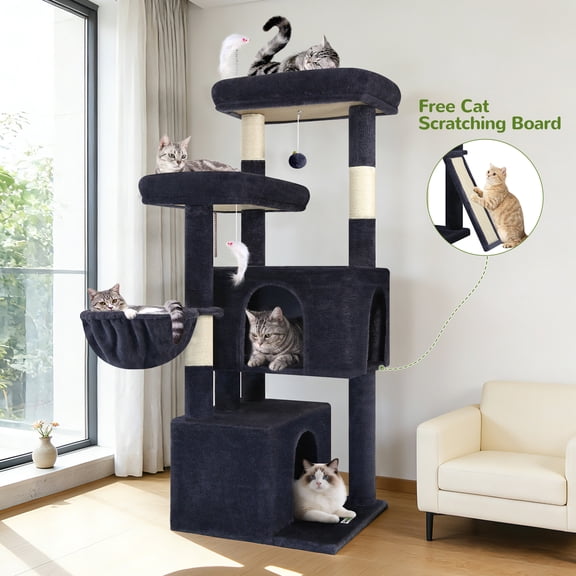 Cat Tree Tower with Scratching Post, 55" Plush Multi-Level Condo with 2 Caves & Basket, Dark Gray