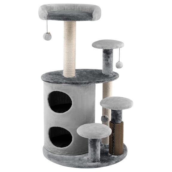 Cat Tree Tower with Scratching Posts & Groomer, 2-Tier Condo, Jump Platform, 3 Balls - Kitten & Large Cat Furniture Activity Center (Grey)