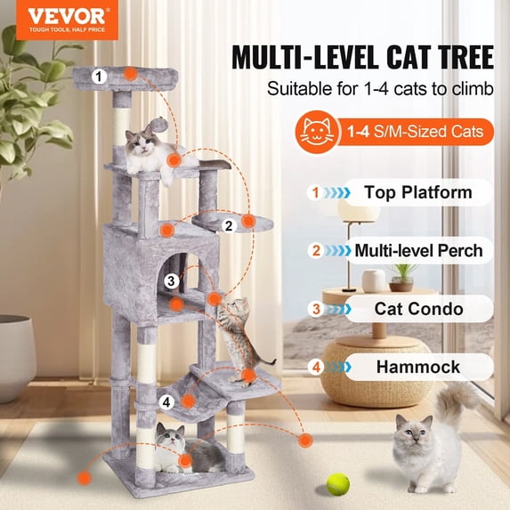 Cat Tree for Indoor Cats, 60.6" Cat Tower with Cat Condo, Sisal Scratching Post, Hammock, Top Perch, Jumping Platforms 60.6" - Light Grey