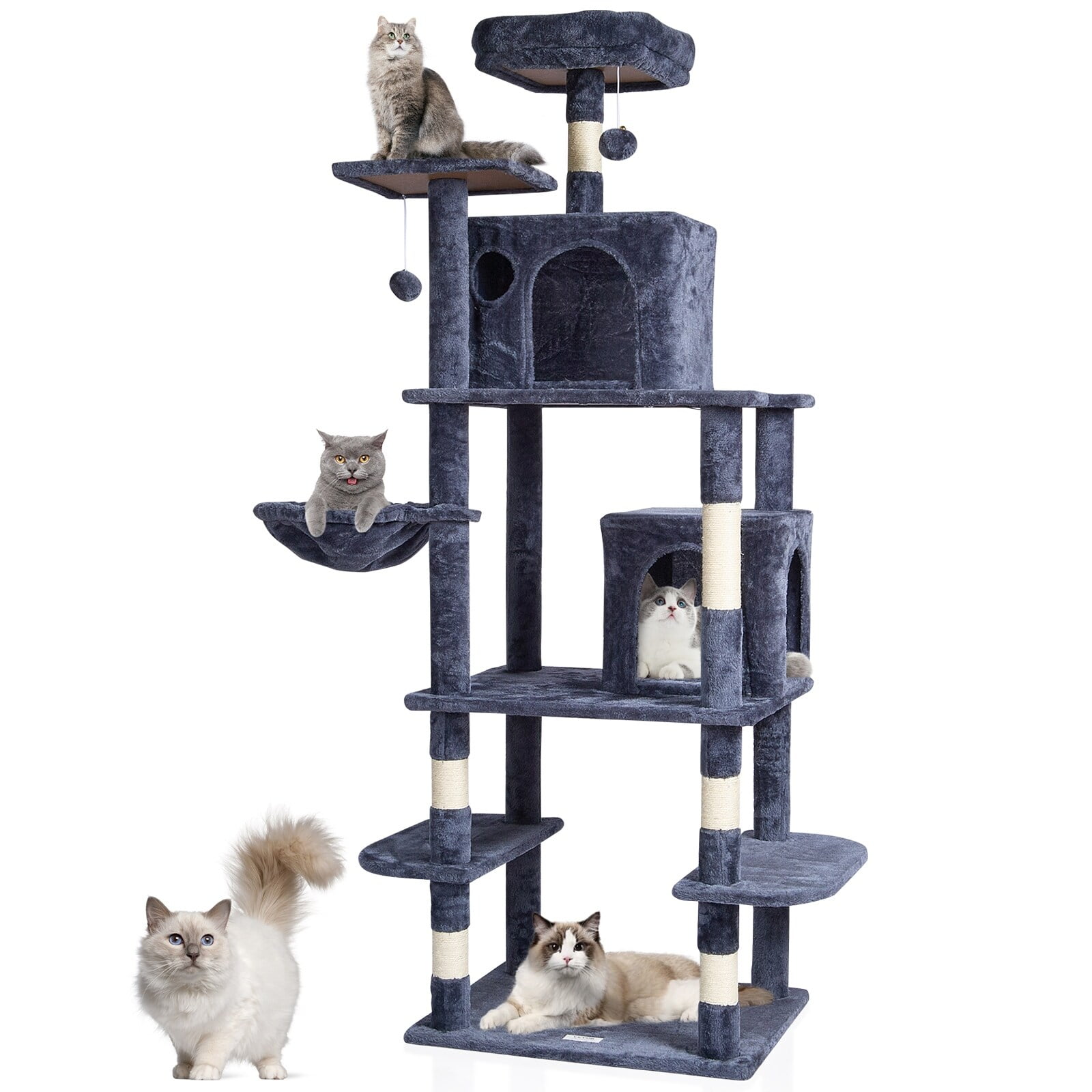 68.5'' Dark Gray Sisal Cat Tree with Condos and Hammock