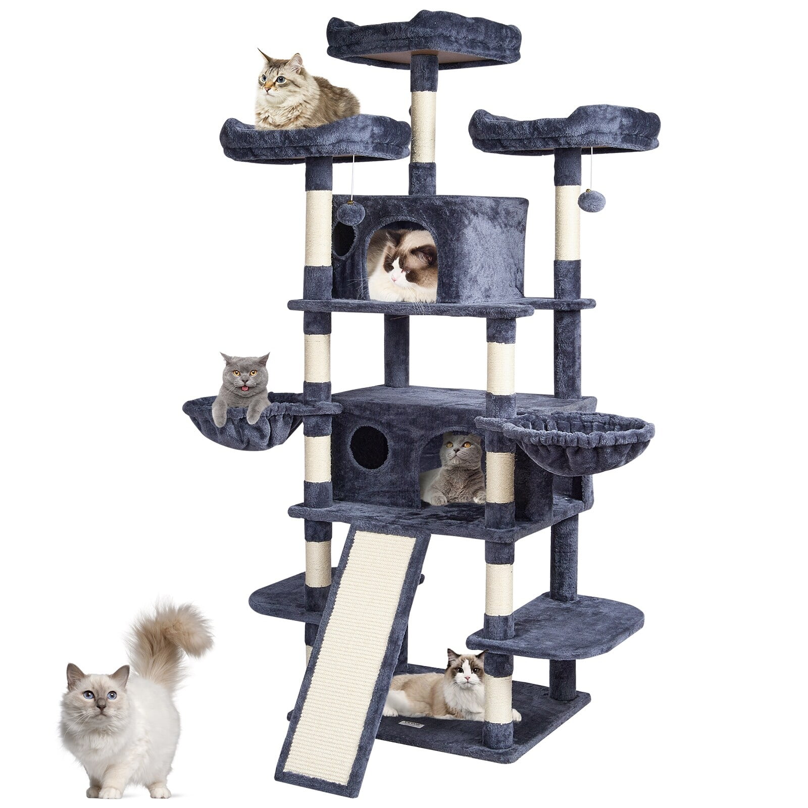 68.5'' Dark Gray Plush Multi-Level Cat Tree with Condos and Hammocks