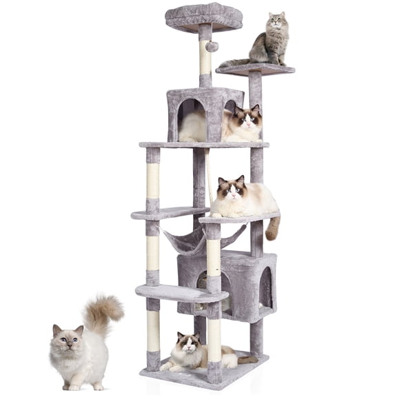 Cat Tree for Indoor Cats, 72" Cat Tower with 2 Cat Condos, Sisal Scratching Post, Hammock, Top Perch, Jumping Platforms 72" - Light Grey