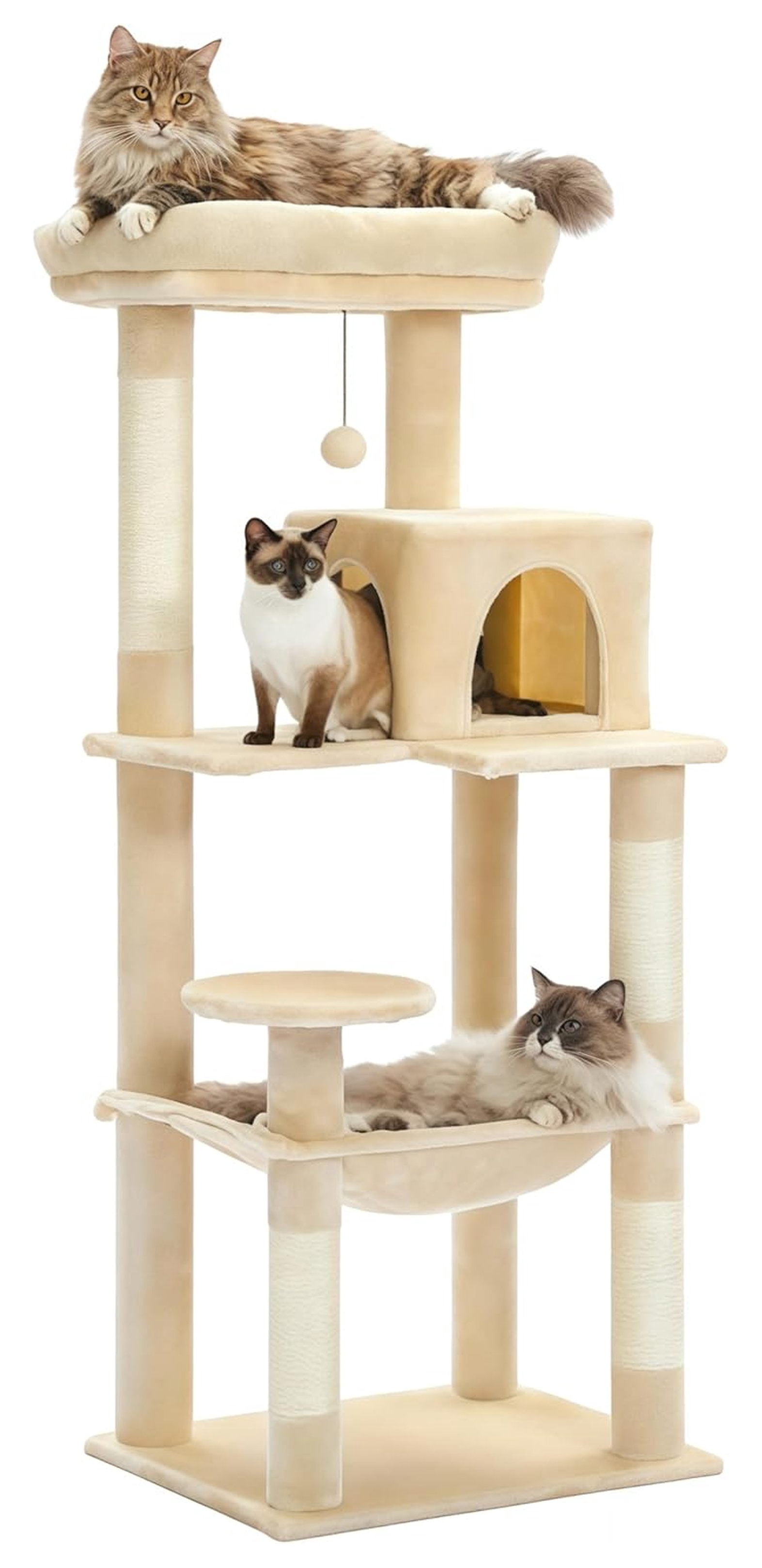 Cat Tree for Large Cats, 56.3" Tower with Hammock & Condo, 6-Tier Cat Shelves, Scratching Posts, Beige
