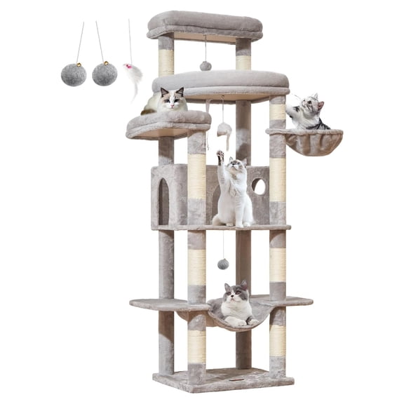 Cat Tree for Large Cats, Giant Perches, Multi-Level Tower, Widened Condo with Scratching Posts, Hammock & Basket, Light Gray