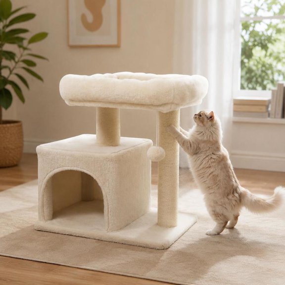 Cat Tree, small size with large padded plush perch, sisal scratching posts, indoor cat condo, beige