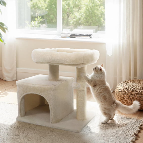 Cat Tree, small size with large padded plush perch, sisal scratching posts, indoor cat condo, beige