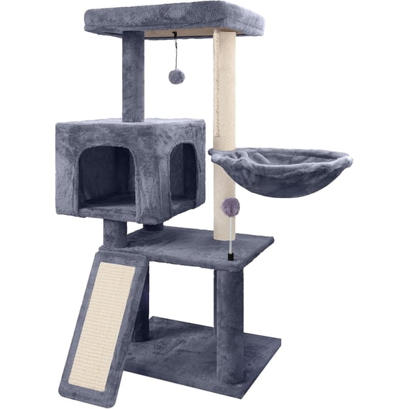 Cat Tree with Condo, Hammock, Scratching Posts, Playful Toy Balls and Activity Center, Grey