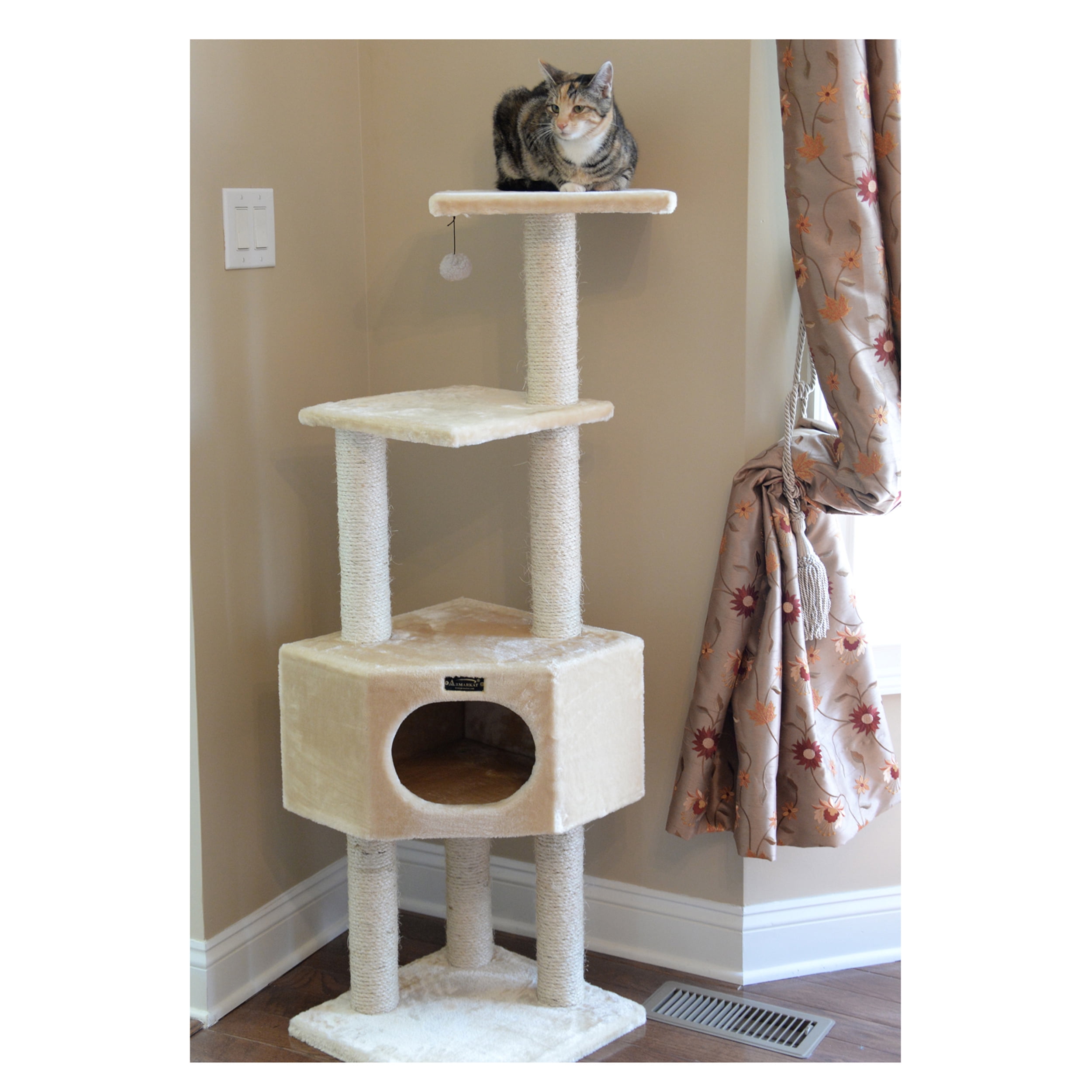 Beige Faux Fur and Sisal 52'' Cat Tree with Condo