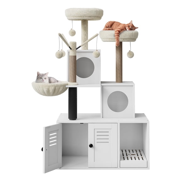 Cat Tree with Litter Box Enclosure, 2 in 1 Cat Condo with Scratching Post & Soft Perches, Hidden Cat Litter Box Furniture, Wooden Cat House, White 2