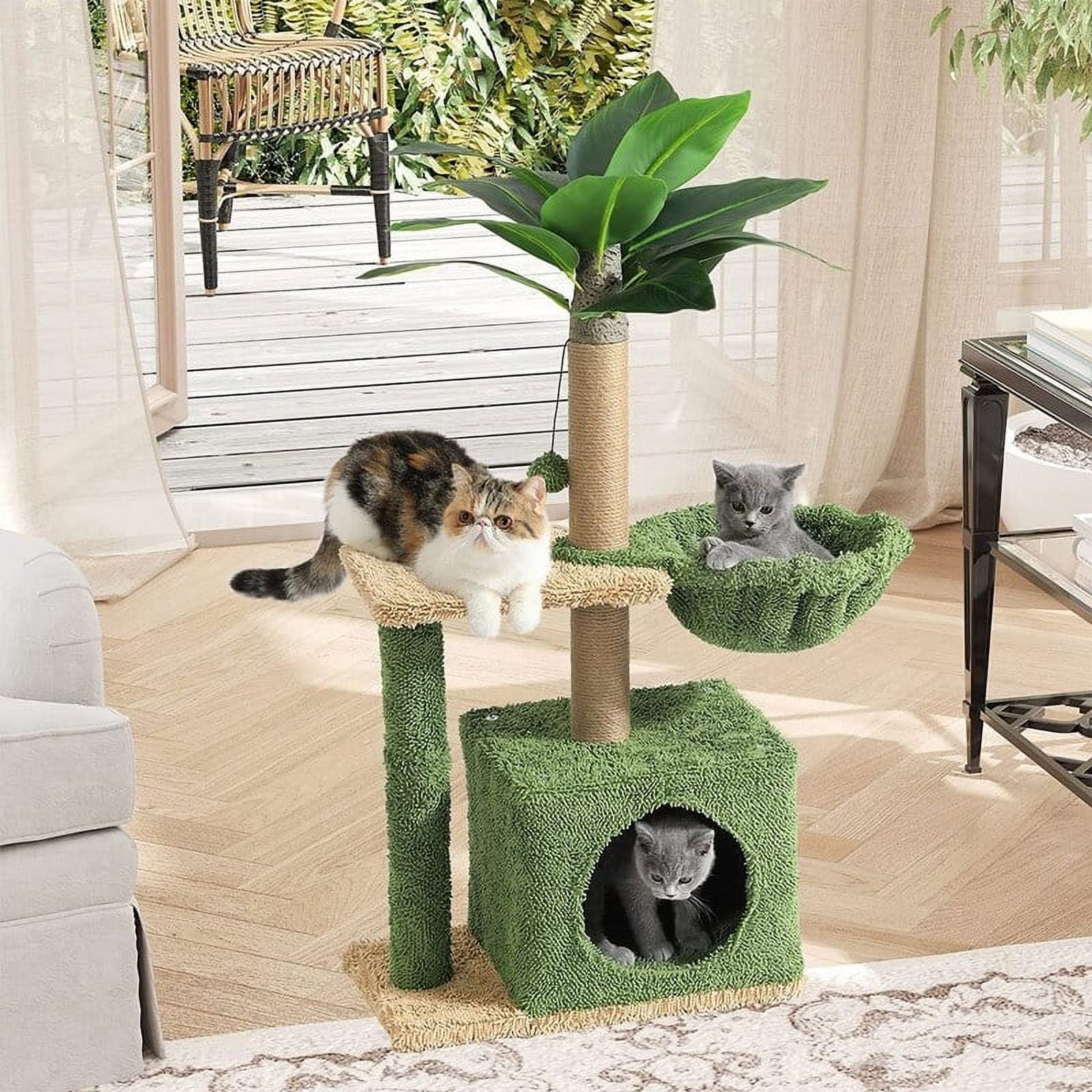 Cat Tree with Square Condo Artificial Palm Tree with Sisal Scratching Post