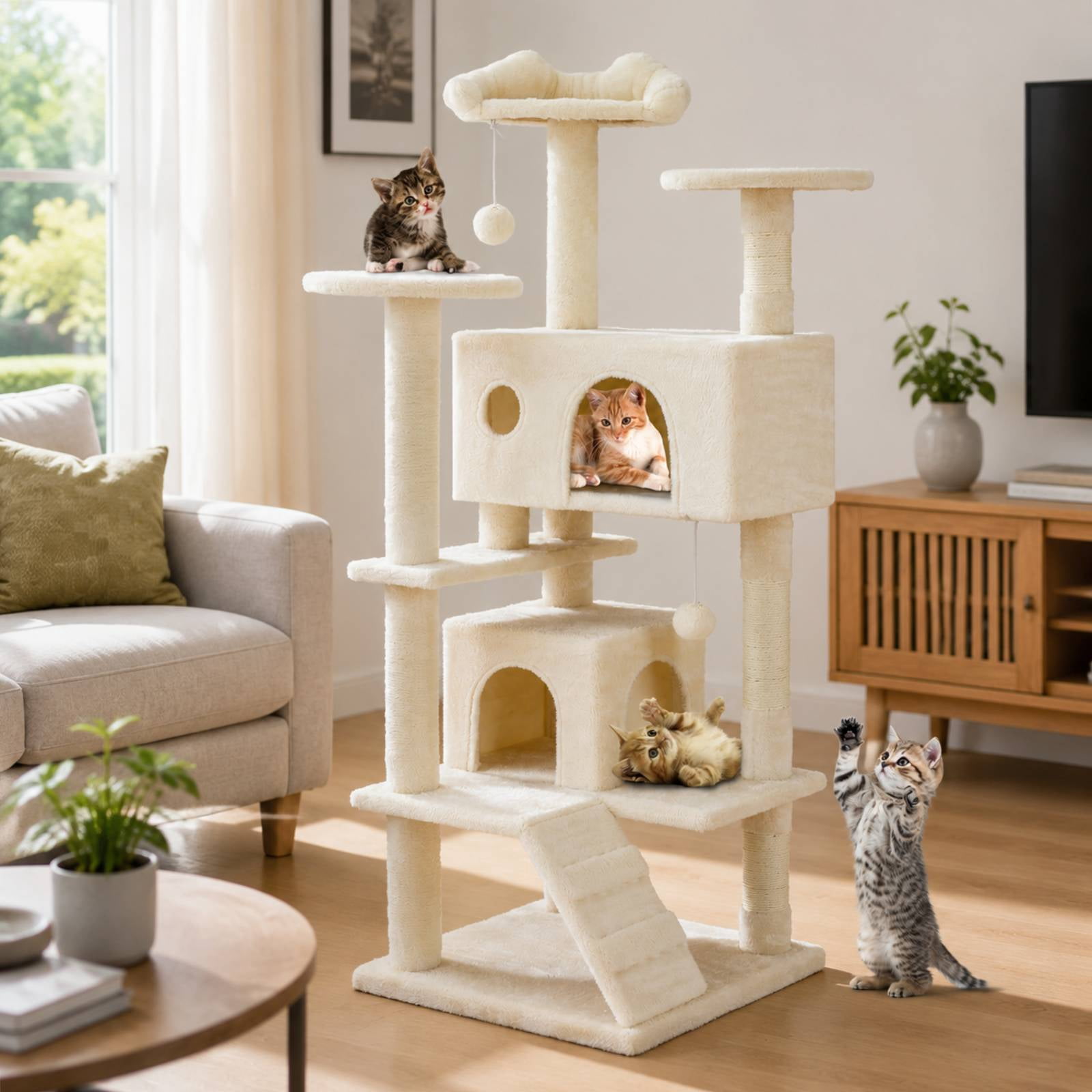 Cat Tree with Toy, 43.3 inch Cat Tower condo for Indoor Cats, Cat House with Sisal Scratching Posts,detachable toy for Kittens, Beige