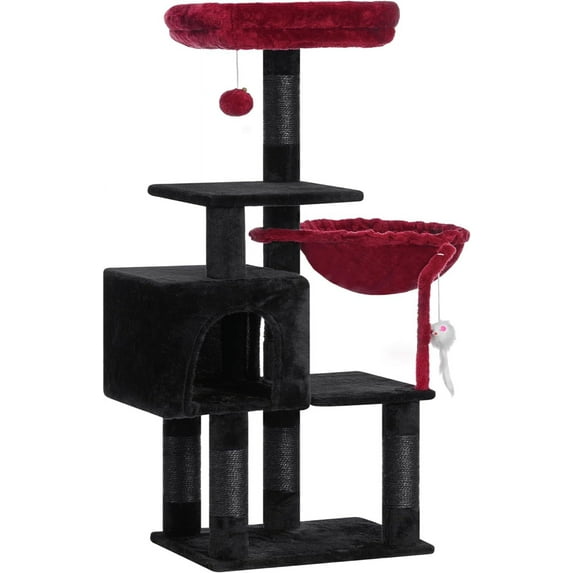 Cat Tree with Toy, Cat Tower condo for Indoor Cats, Cat House with Padded Plush Perch, Cozy Hammock and Sisal Scratching Posts,Black and Red