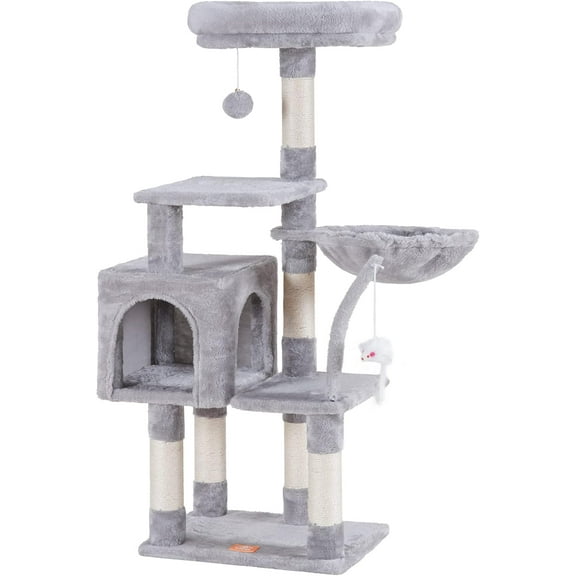Cat Tree with Toy, Cat Tower condo for Indoor Cats, Cat House with Padded Plush Perch, Cozy Hammock and Sisal Scratching Posts, Light Gray HCT004SW