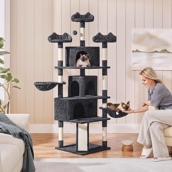 Cat Trees for Large Inoor Cats, 76.5'' Extra Big Cat Tower with 3 Cozy Perches, 3 Warm Condos, Multifunctional Scratching Board for Medium Size Cats